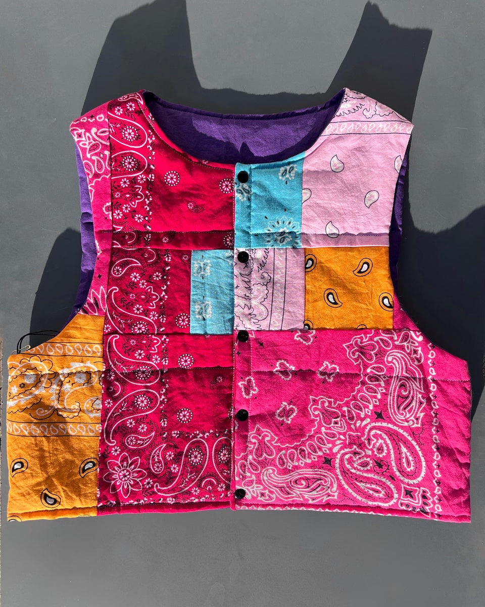 Reworked reversible crop mini patchwork quilt puffer vest with snap