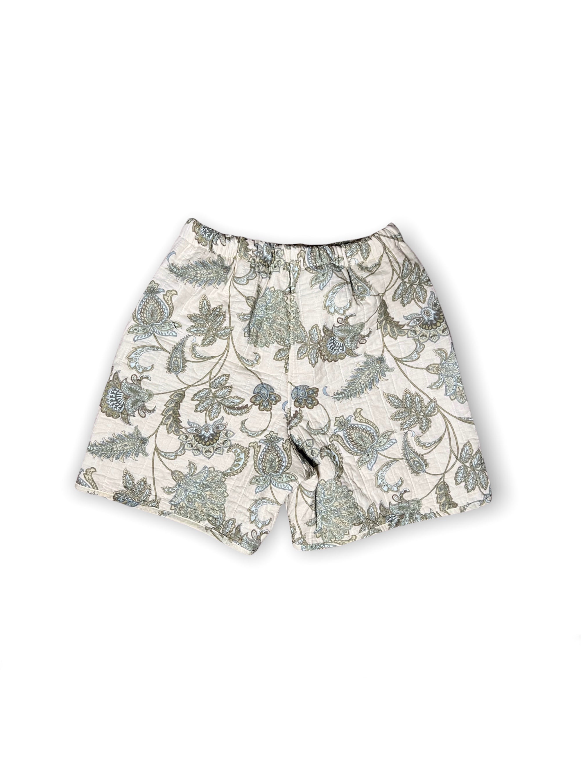 Reworked unisex quilted green paisley print shorts